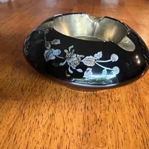 Rare Vintage Antique Cigar Ashtray Floral Bird Mother of Pearl Art deco